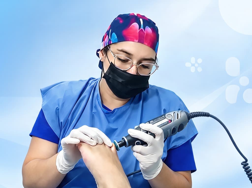 Podóloga certificada realizando procedimiento clínico en Pie de Ángel